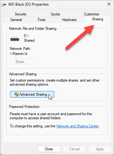 Sharing Tab in Windows