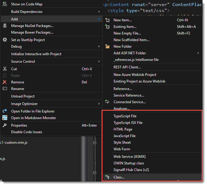 visual studio shortcuts menu solution explorer