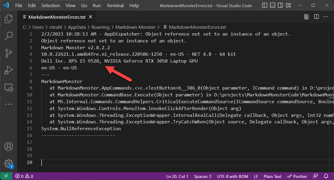 Exception logged in local Error Log displayed in VsCode