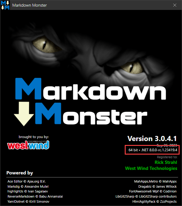 Markdown Monster About Screen with Prerelease for .NET 8.0 RC