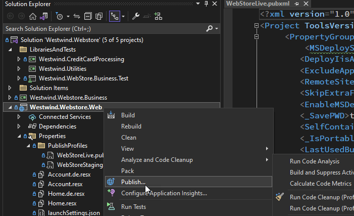 Publish from within Visual Studio using the Publish context menu