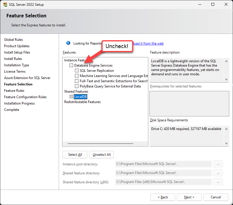 Local Db Installation Feature Selection