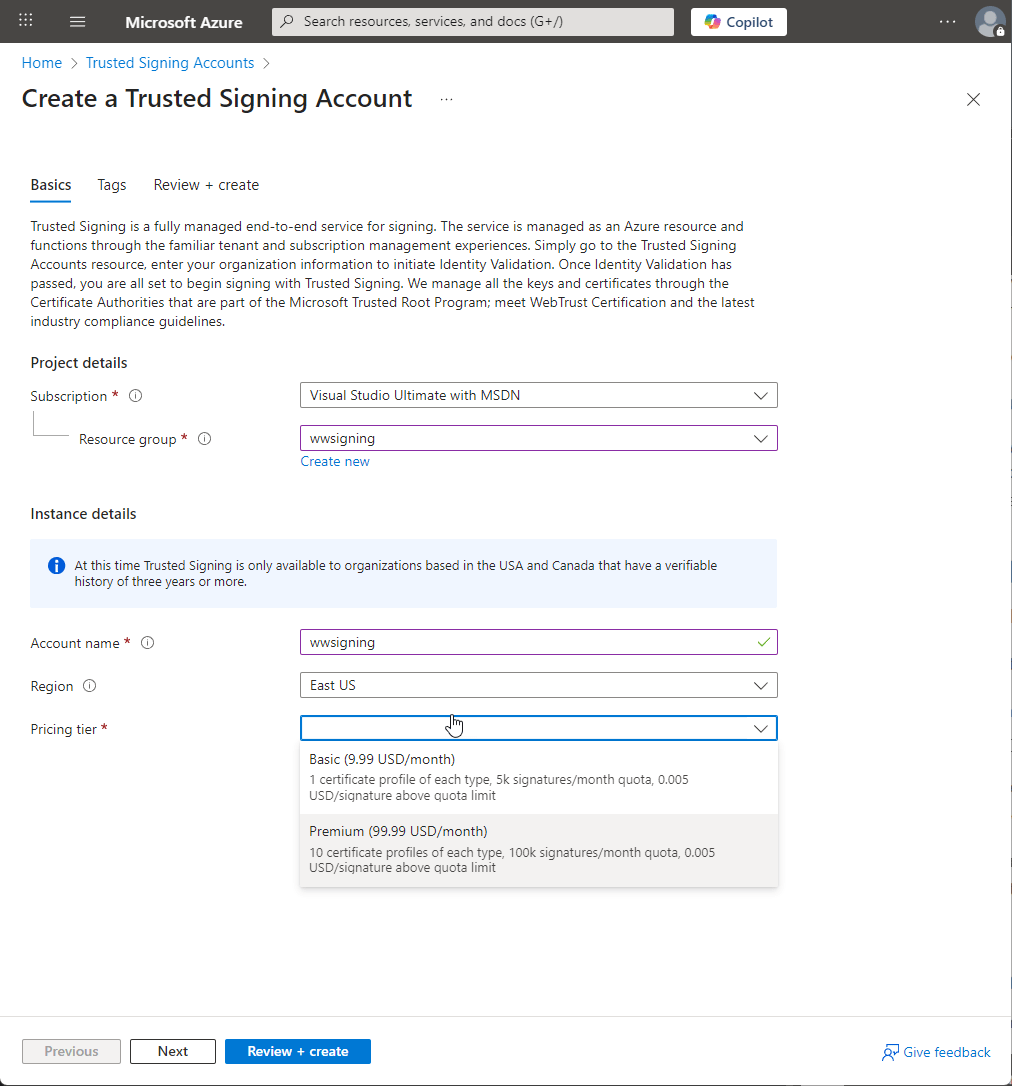 Create Trusted Signing Account